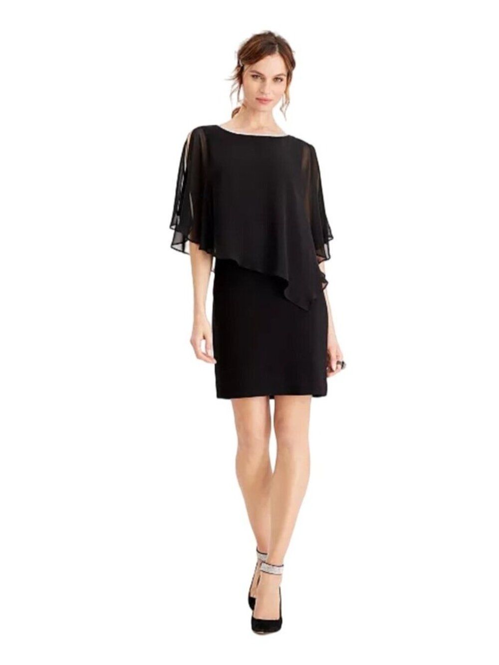 MSk Rhinestone Trim Chiffon Popover Black Cocktail Dress